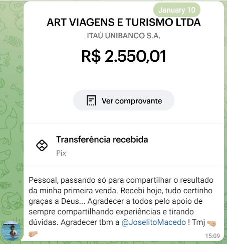 Primeira venda: R$ 2.550,01 recebidos via Pix