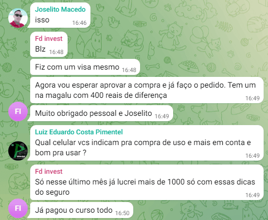 Conversa mostrando que o curso já se pagou e mais de R$ 1.000 de lucro no mês