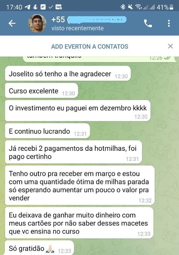 Aluno relata que pagou o investimento e continua lucrando com milhas