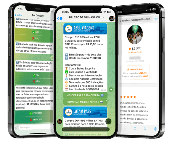 App Balcão de Milhas, com ofertas de compra e venda de milhas e perfil verificado